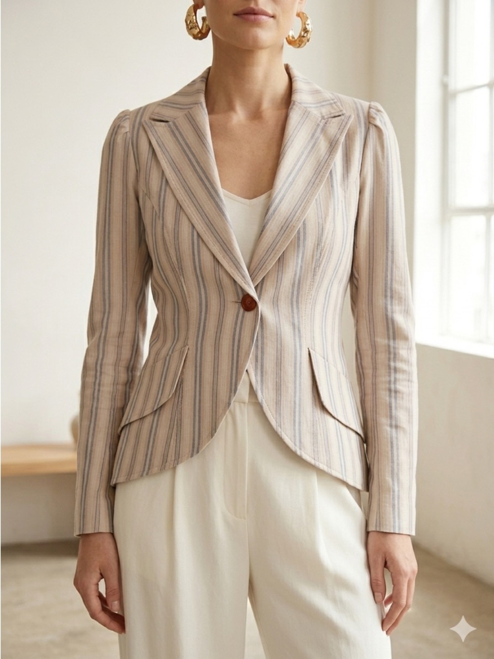 Smythe Taupe Grey & Blue Striped Cotton Duchess Blazer - US 6 (Small)